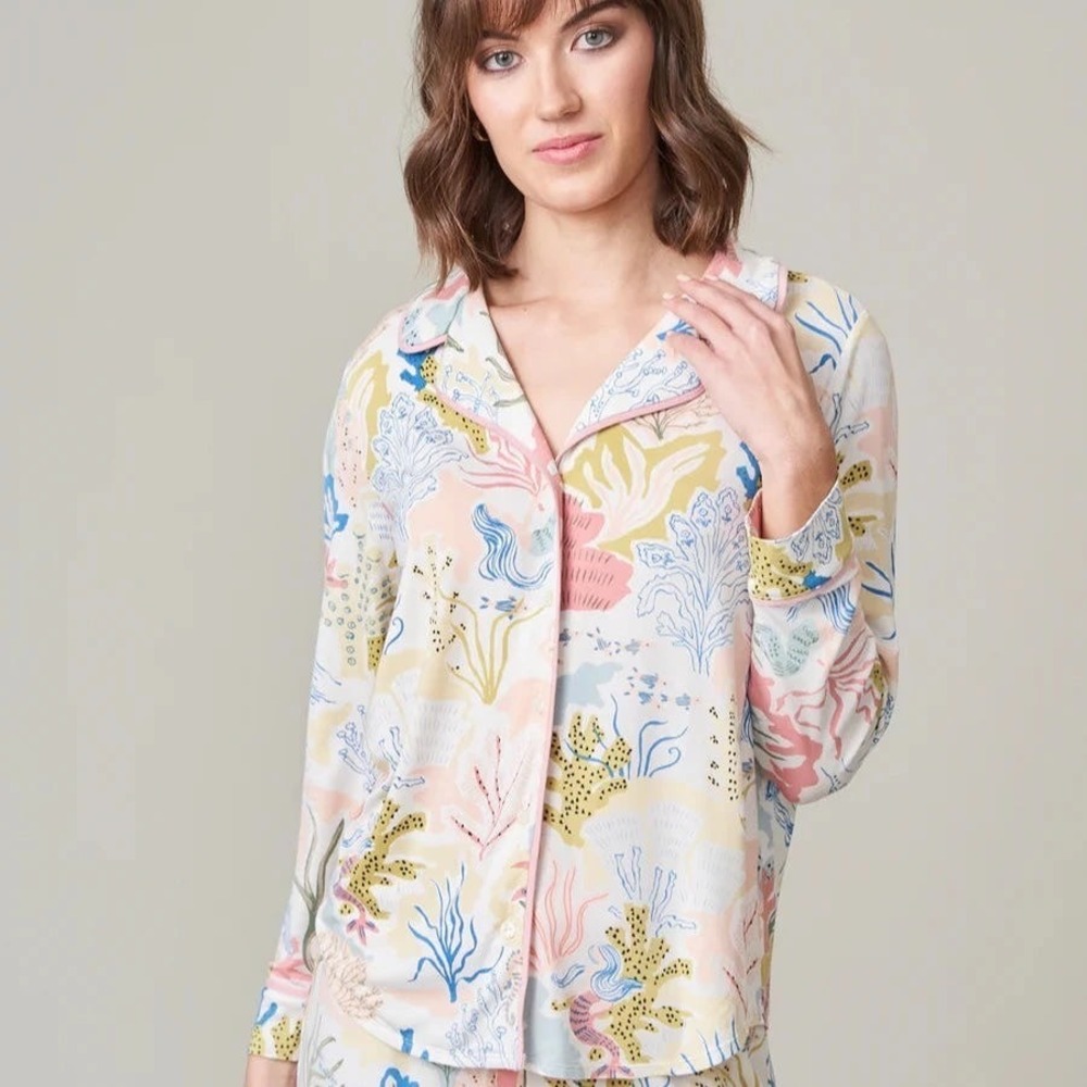 NWT Spartina 449 Women XS Linen Button Down Shirt Coastal Sea Mermaid Pajama